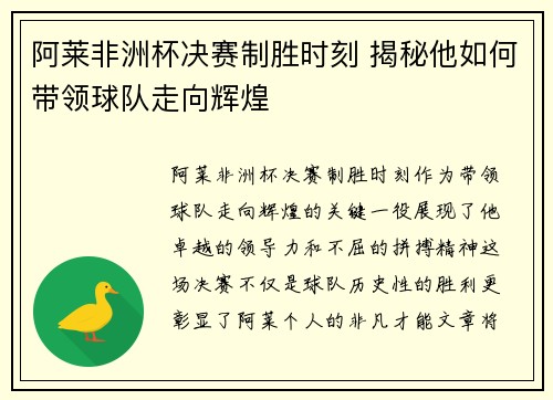 阿莱非洲杯决赛制胜时刻 揭秘他如何带领球队走向辉煌