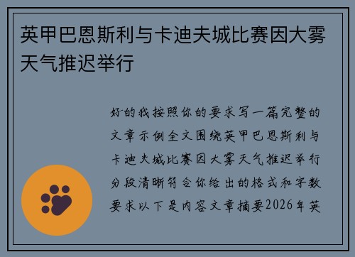 英甲巴恩斯利与卡迪夫城比赛因大雾天气推迟举行